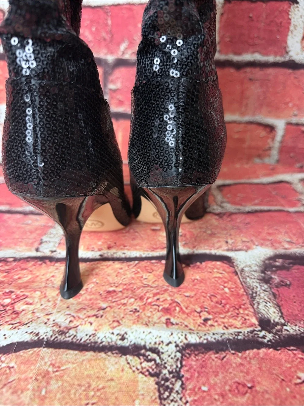 Black Sequin Knee-High Pointed Toe Heeled Boots - Women